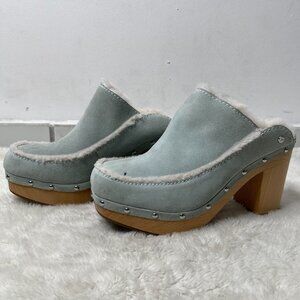 UGG #1112427 Women's Light Blue Aubriana Fur Loafer Heeled Clogs Shoes Size 10
